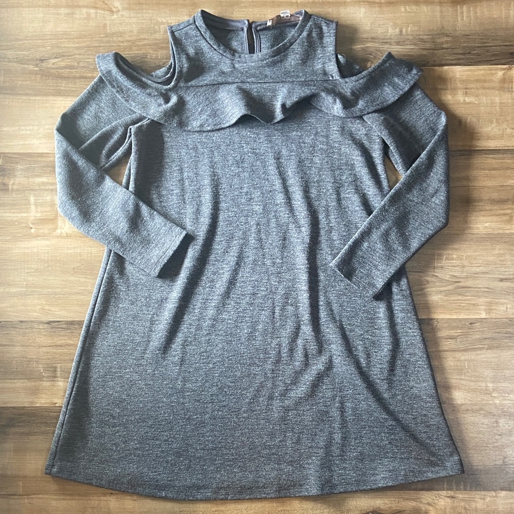 LOFT Charcoal Gray Cold-Shoulder Ruffle Long Sleeve Dress
